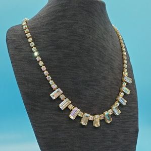 VINTAGE goldtone yellow Aurora Borealis rhinestones prong set necklace GLITZY